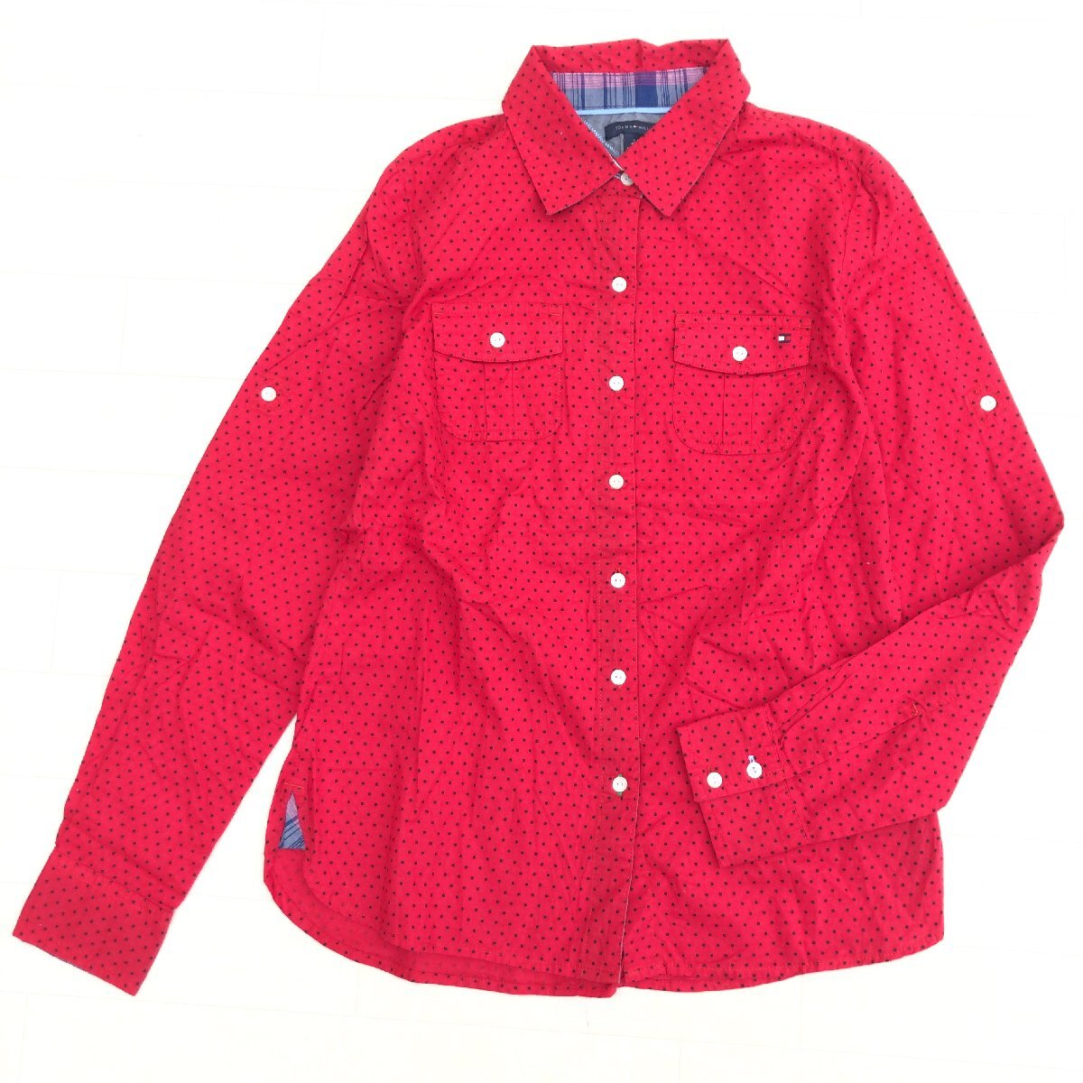  beautiful goods TOMMY HILFIGER Tommy Hilfiger cotton 100% Logo embroidery polka dot pattern shirt S(JP:M) red dot blouse long sleeve domestic regular goods for women 