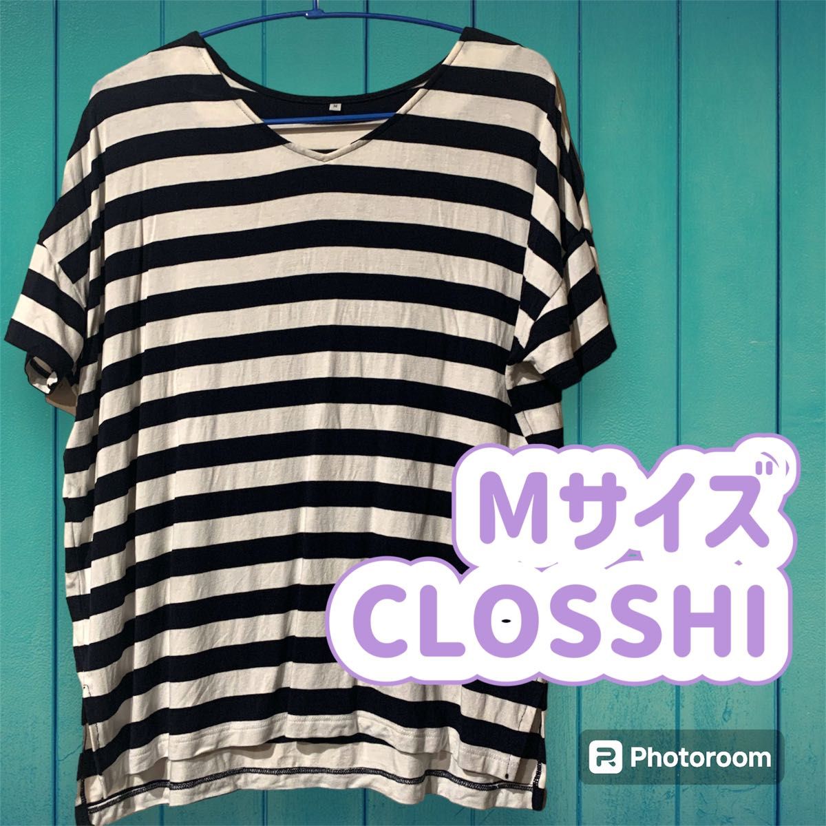 Mサイズ　CLOSSHI Ｖネック　ボーダーカットソー　黒　ドロップショルダー 黒 白 Tシャツ ボーダー