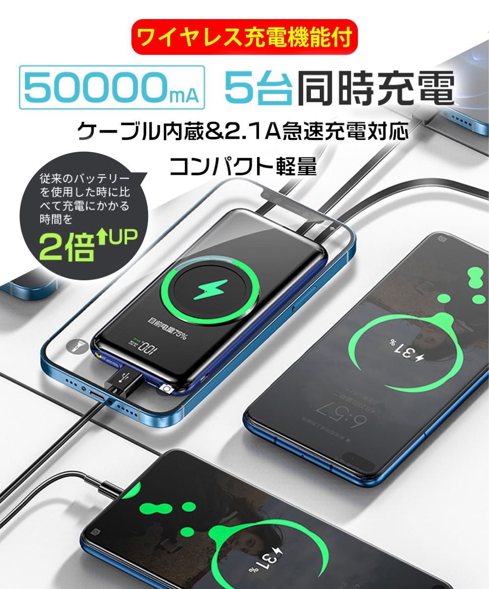 50000mahワイヤレスモバイルバッテリー 大容量充電器 iphone ケーブル内蔵 薄型急速充電 コードレス PSE認証 
