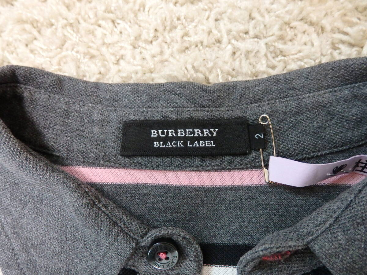 【クリーニング済】 BURBERRY BLACK LABEL バーバリー ブラックレーベル 半袖 ポロシャツ サイズ 2 ピンク グレー ストライプ チェック_画像3
