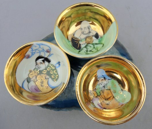 九谷 七福神 盃 SAKE CUP７客 酒盃 金彩 九谷焼 おちょこ 酒器 猪口 昭和レトロ 中古 KUTANI WARE made in Japan_画像3