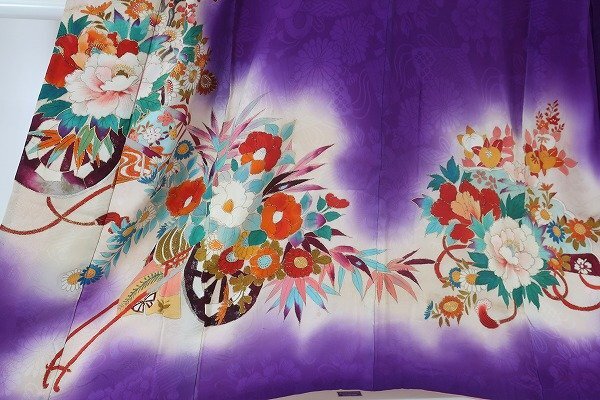 【着物フィ】アンティーク 訪問着 身丈148cm 紫 花車 袷 大正ロマン レトロ 正絹 仕立て上がり kimono 15974の画像3