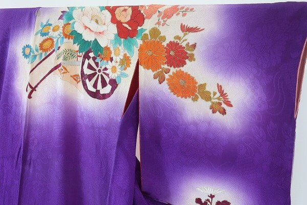 【着物フィ】アンティーク 訪問着 身丈148cm 紫 花車 袷 大正ロマン レトロ 正絹 仕立て上がり kimono 15974の画像5