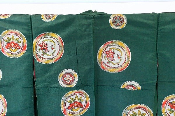 [ кимоно fi] античный .. мелкий рисунок длина 150cm темно-зеленый . Taisho роман retro натуральный шелк совершенно новый kimono 16008