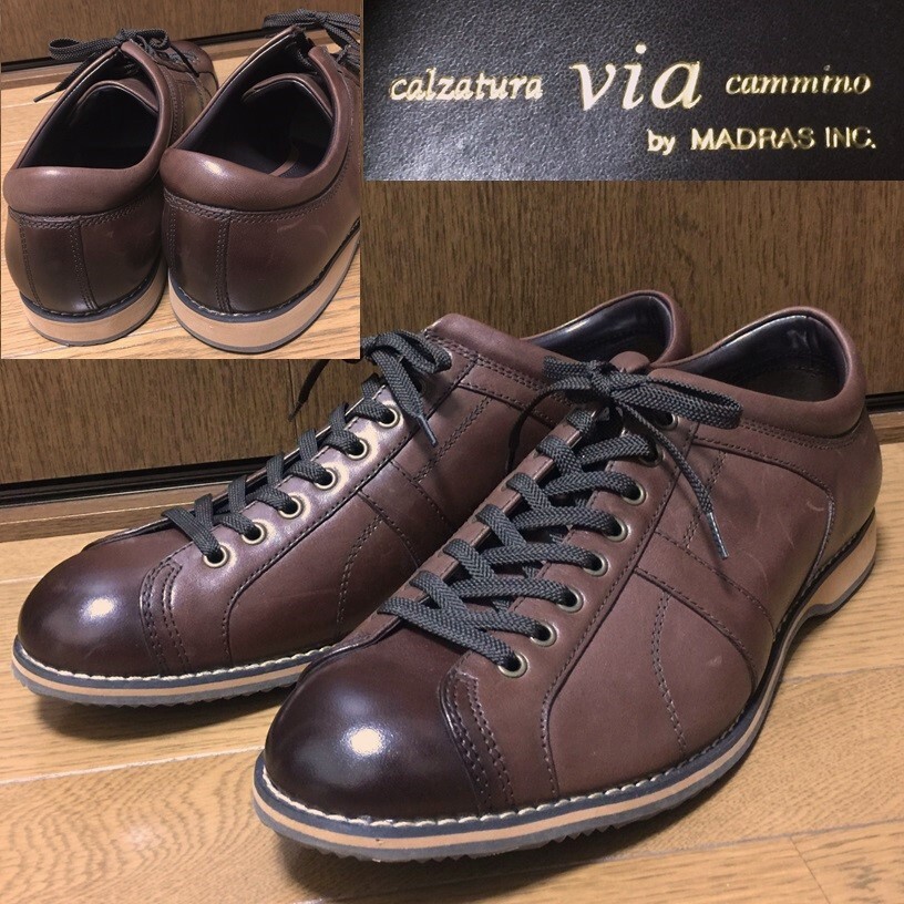 未使用 via cammino by MADRAS ヴィアカミーノ マドラス VC1512 牛革 レザー レースアップ スニーカー シューズ ビジネス 26.5 EEE 茶 本革_画像1