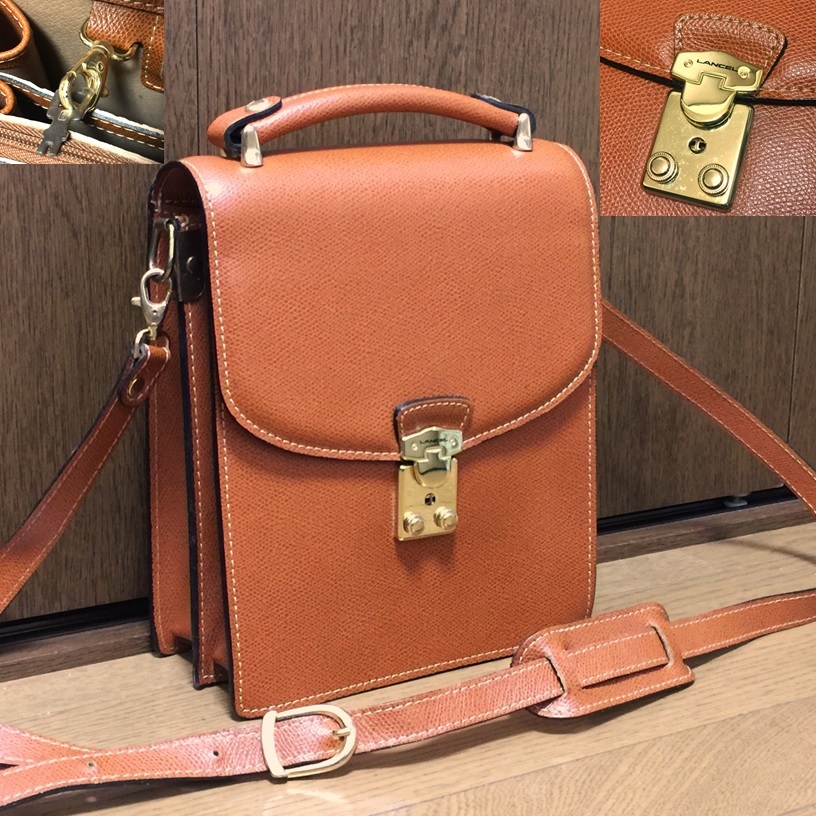 高級 LANCEL PARIS ランセル フランス製 牛革 型押し レザー 2WAY ショルダー ハンドバッグ セカンド ビジネス メンズ 鍵付 茶 ブラウン_画像1