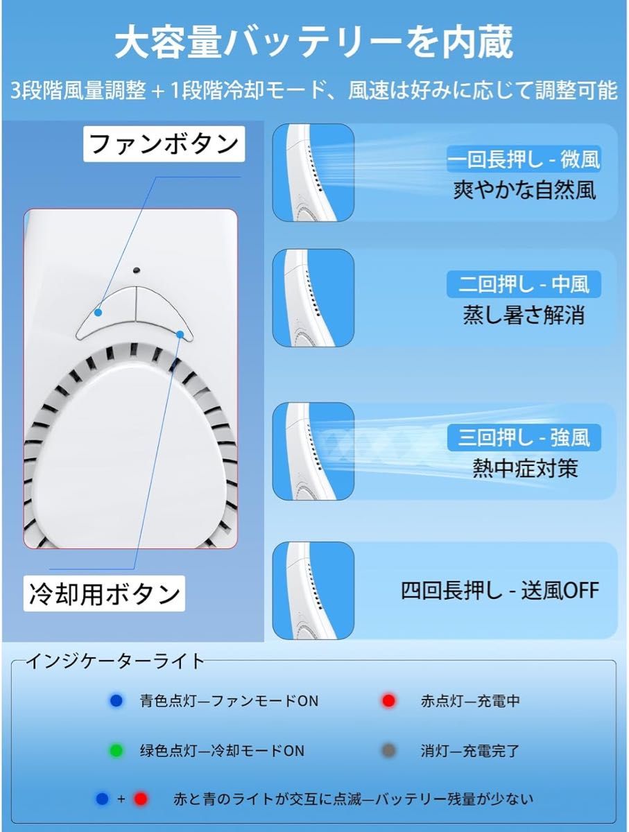 首掛け扇風機 折り畳み式 急速冷却 軽量 ネックファン USB充電式 冷却プレート 付き 半導体冷凍技術 自由角度調整 携帯扇風機