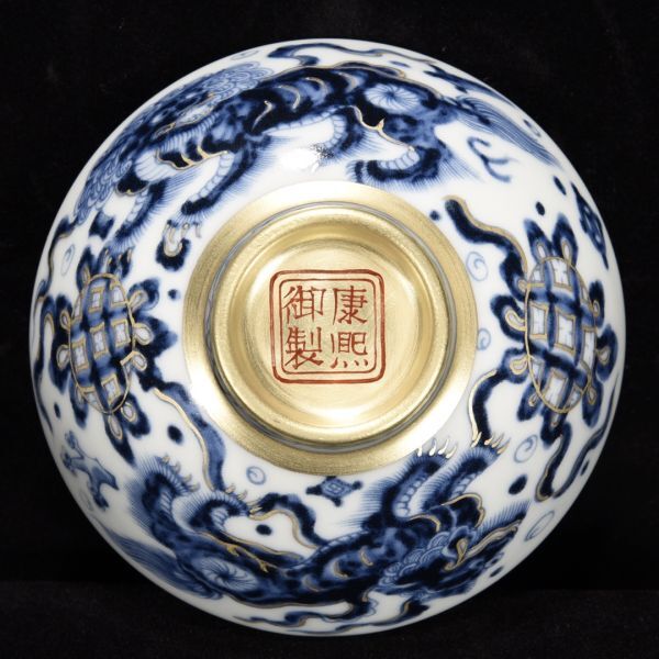 清 康熙御製 陶磁器 青花描金事事如意紋 鬥笠碗」染付 置物 擺件 清 康熙御製 陶磁器 青花描金事事如意紋 鬥笠碗」染付 置物 擺件