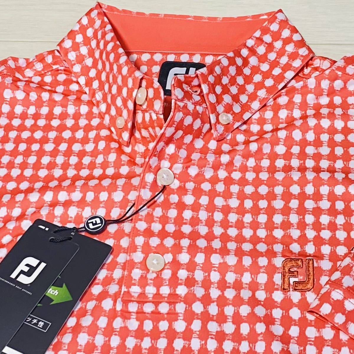 新品★フットジョイ FootJoy フレイドギンガムプリント 吸汗速乾 ストレッチ 半袖ボタンダウンシャツ★コーラル★サイズL★送料185円_画像1