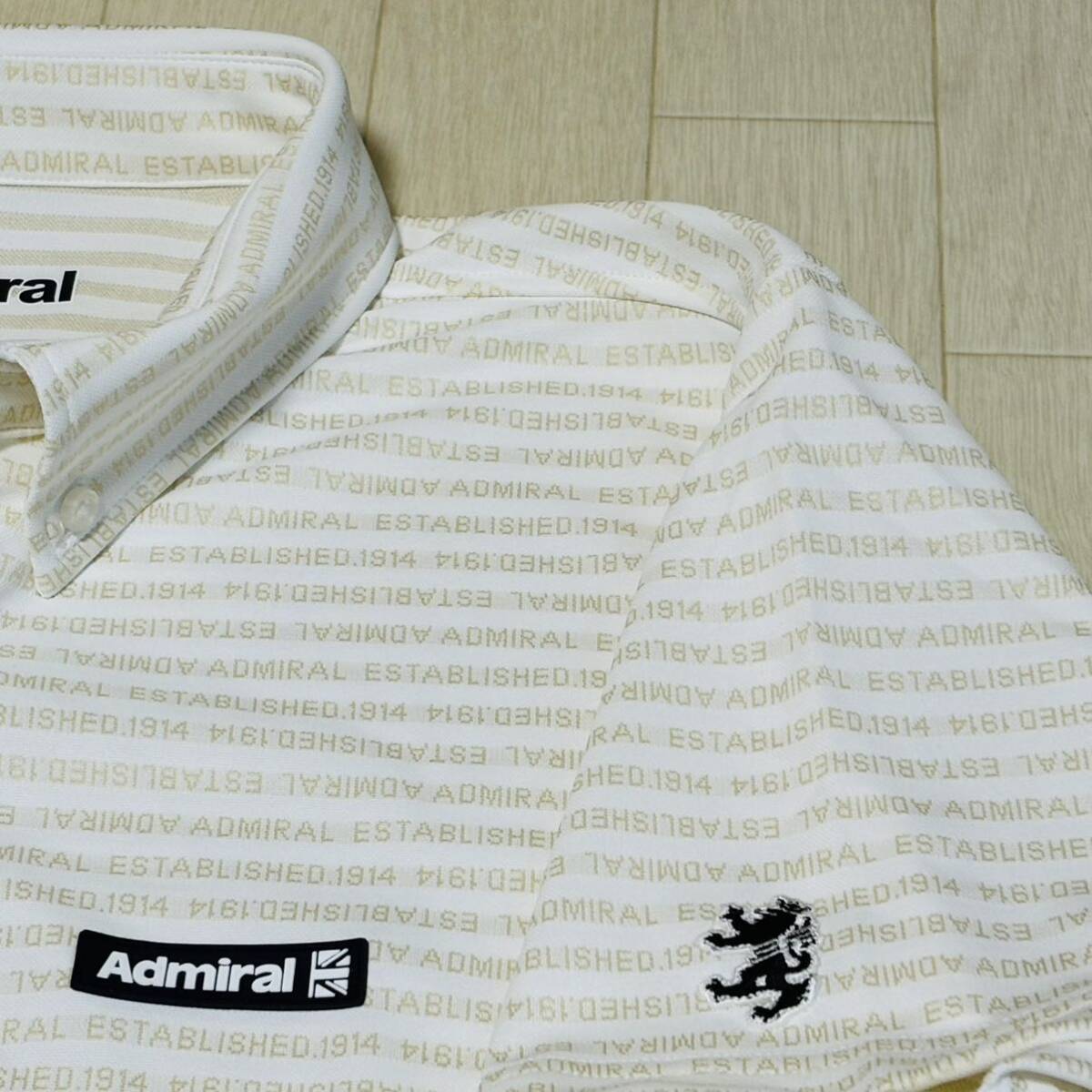 新品★アドミラル ゴルフ Admiral Golf 総柄ロゴボーダー 吸水速乾 半袖ボタンダウンシャツ★BEG★サイズL★送料185円_画像3