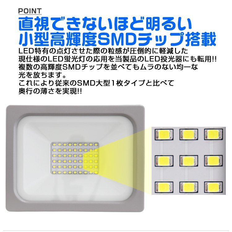 超薄型 LED投光器 50w 作業灯 昼光色 6000K ホワイト 広角120度 500w相当 AC100V AC200V対応 軽量 照明 ライト 3mコード PSE認証_画像2