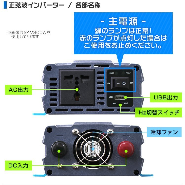 正弦波 電源インバーター DC24V → AC100V 600w 車載コンセント USBポート 3Pプラグ対応 50/60Hz切替 車用 カーインバーター_画像8