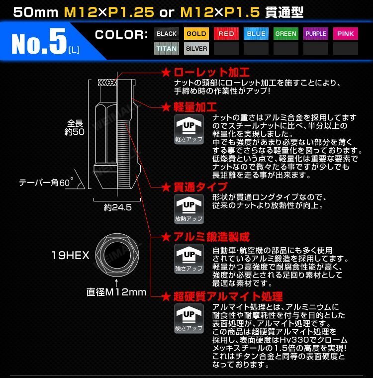 アルミ製ホイールナット M12xP1.5 貫通ロング 50mm Durax ラグナット 20個セット トヨタ ホンダ 三菱 マツダ ダイハツ 桃 ピンクの画像3