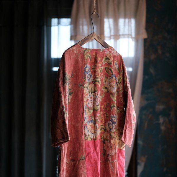 lgn 1887 ロングワンピース チュニック 襤褸 アンティーク風 洋服ミックス ロマンファッション 縫い合わせ 綿 花柄_画像6