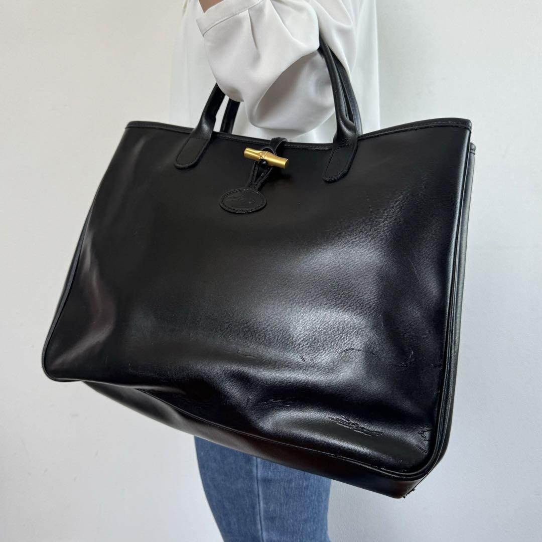 A4収納 LONGCHAMP ロンシャン PVC レザー トートバッグ ブラック 黒 ビジネス_画像1