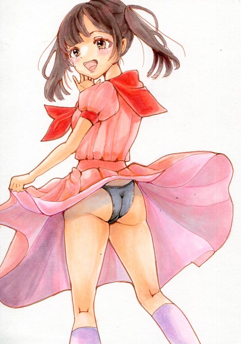 オリジナル 手描き イラスト コピック 少女 制服 スカートめくり  A6の画像2