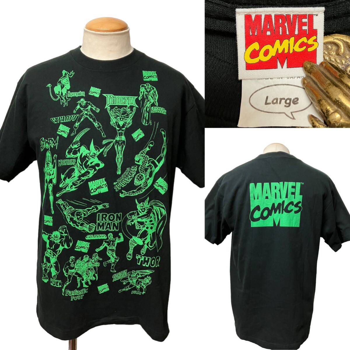 美品 MARVEL COMICS マーベル コミックス Tシャツ L ブラック 日本製 スパイダーマン ウルヴァリン ビンテージ xpv_画像1