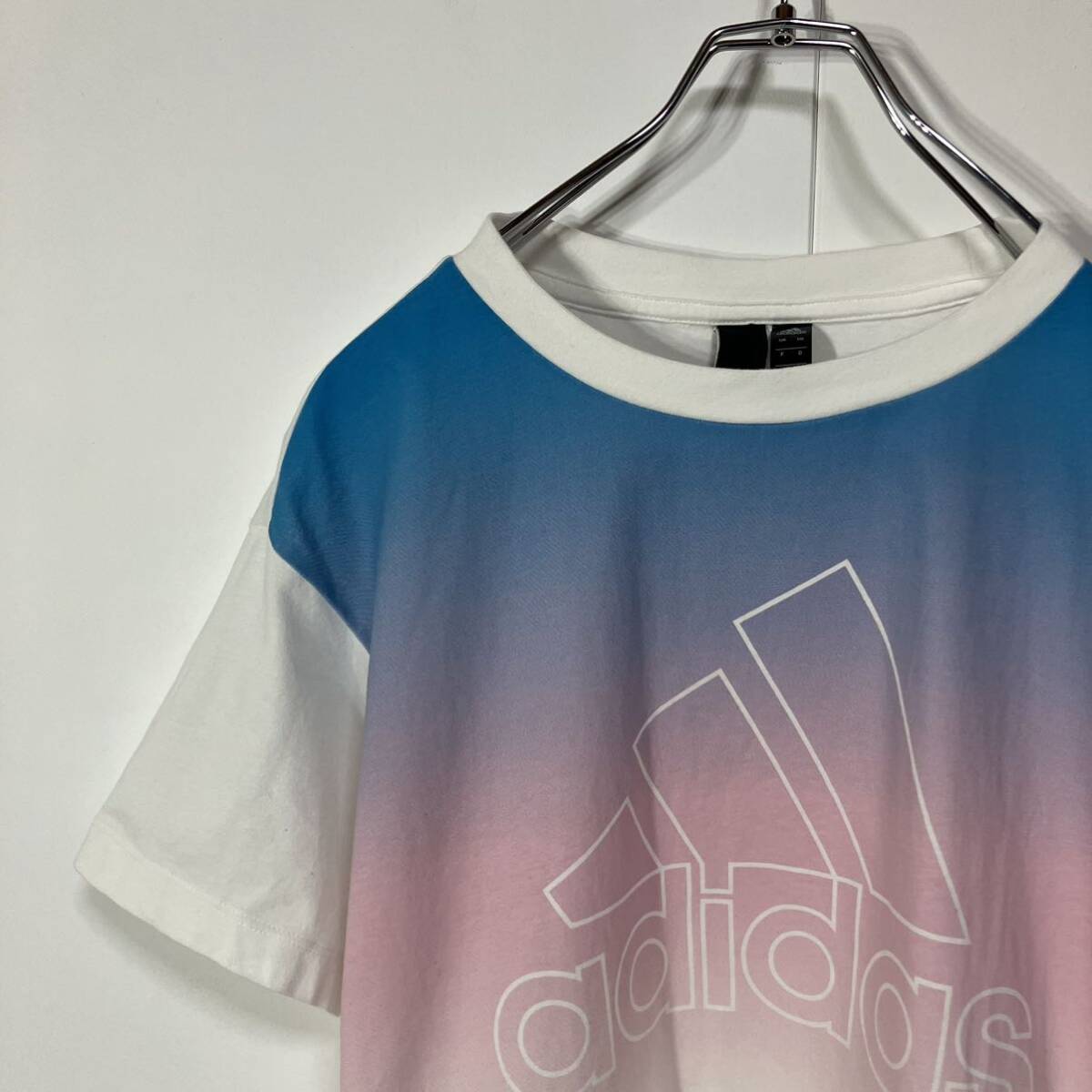 adidas アディダス パフォーマンス ロゴ グラデーションクルーネック 半袖 Tシャツ 古着 ホワイト ブルー ピンク L_画像1