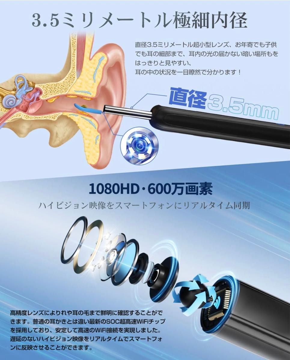 耳かき カメラ ワイヤレス イヤースコープ 耳掃除 600万高画素 極細レンズ 左右反転機能 Type-C充電 WIFI接続