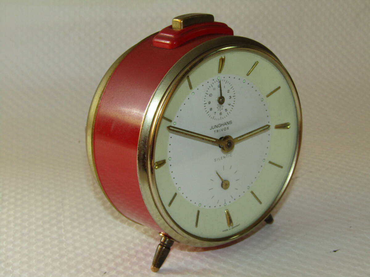 美品 使用少 目覚まし時計 ユンハンス 可愛い赤色 三段階式アラーム 置き時計 からくり時計 手巻きゼンマイ時計 使用中 // セイコー 精工舎の画像1