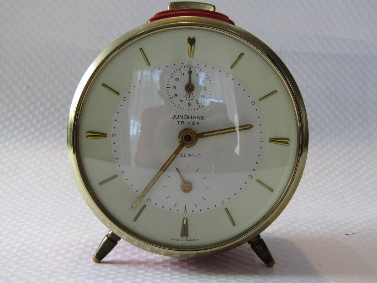 美品 使用少 目覚まし時計 ユンハンス 可愛い赤色 三段階式アラーム 置き時計 からくり時計 手巻きゼンマイ時計 使用中 // セイコー 精工舎の画像2