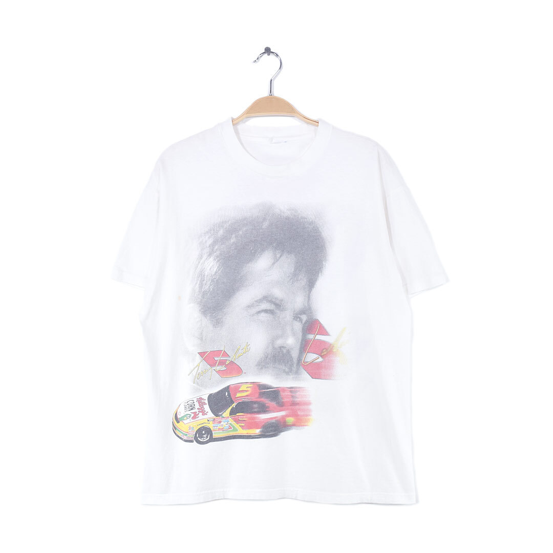 【送料無料】90s ナスカー ヴィンテージTシャツ 白 ホワイト 袖シングルステッチ NASCAR TERRY LABONTE メンズL相当 古着 @BZ0253