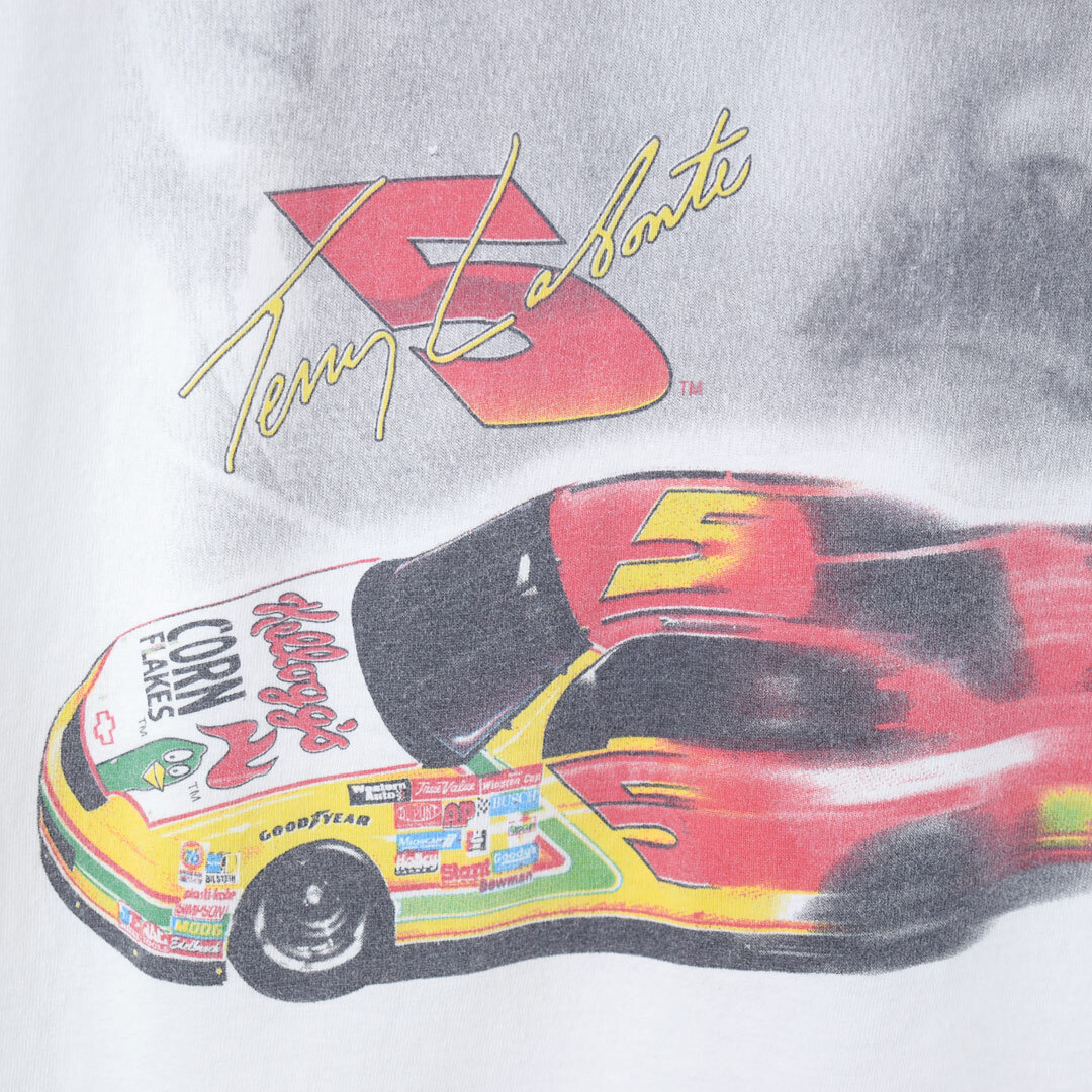 【送料無料】90s ナスカー ヴィンテージTシャツ 白 ホワイト 袖シングルステッチ NASCAR TERRY LABONTE メンズL相当 古着 @BZ0253