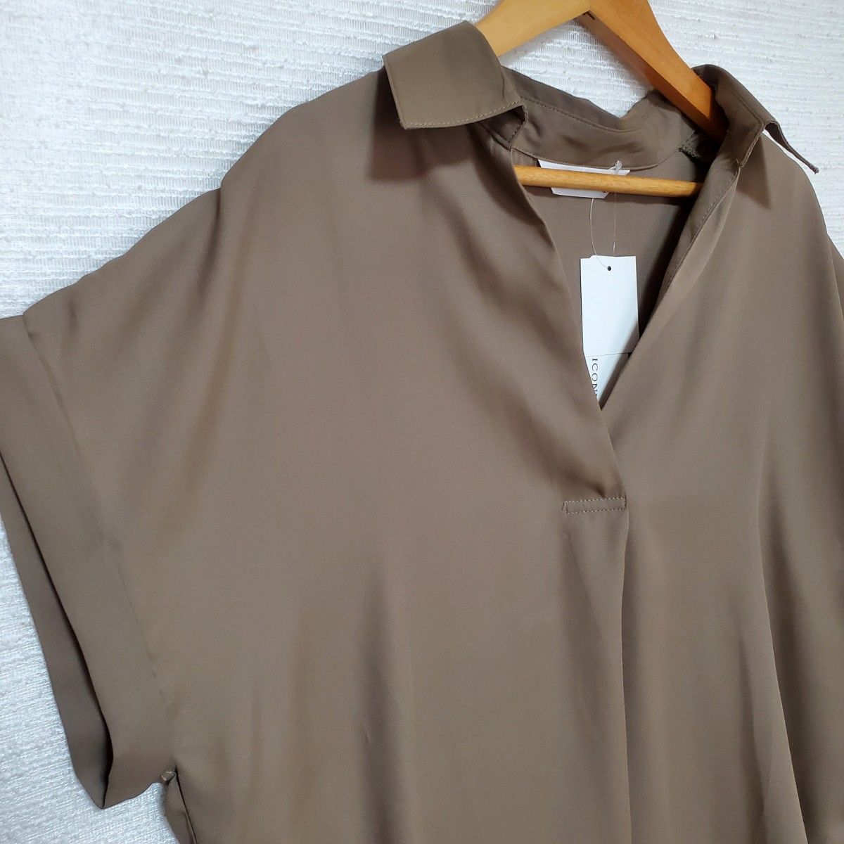 MEICONNE メイコン 半袖 とろみシャツ ブラウス 新品 レディース Lサイズ 茶 ブラウン系 スキッパー ゆったり