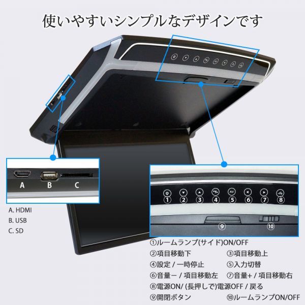 フリップダウンモニター 14インチ LEDバックライト LED液晶モニター FullHD 1080p HDMI 接続 SDカード USBメモリ ブルー LEDルーム_画像5