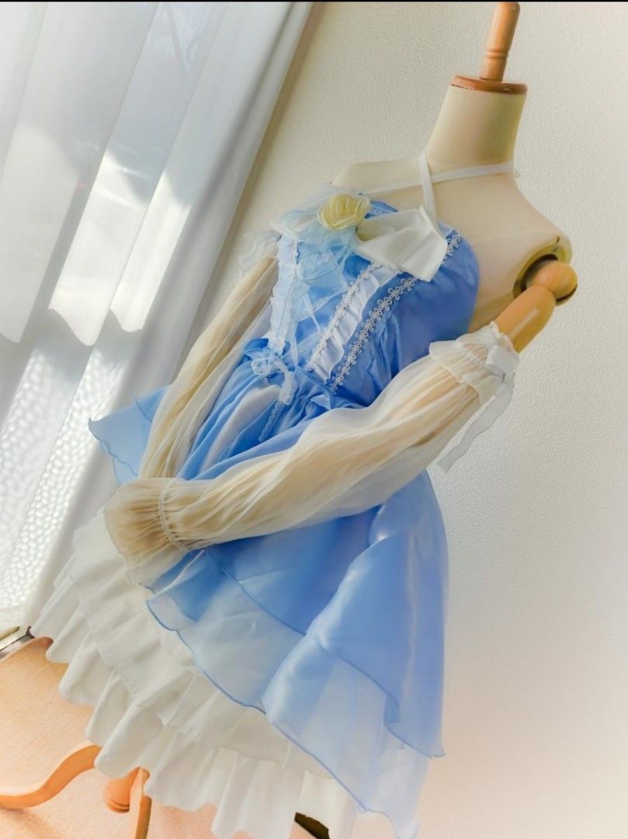 【5/17限りの価格】お姫様♪バラ模様の可愛いロリータワンピース♪青スカートドレス