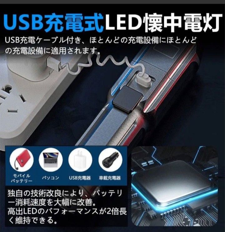 ズーミングライト 強力照射 LEDライト 超小型 USB充電式 爆光 懐中電灯 ブラック