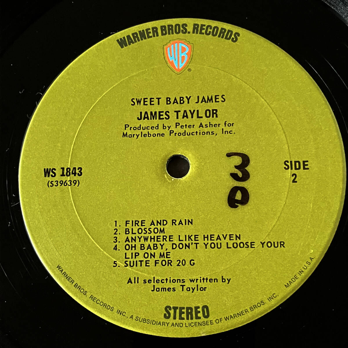 US-Warner/1970年/緑ラベル(マト1D/1B)ライナー付属/James Taylor「Sweet Baby James」ジェームス・テイラー/Carole King/グリーンワーナー_画像3