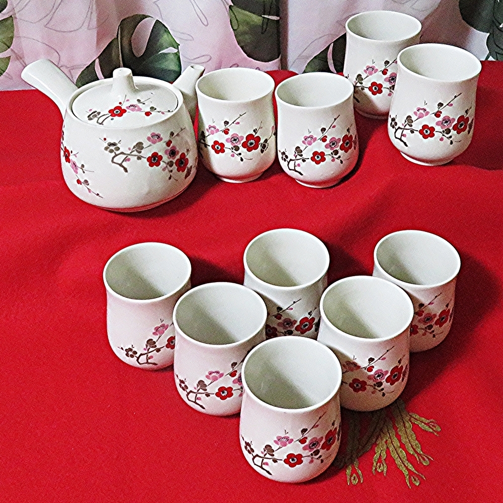 煎茶道具 幽泉堂 10客揃い 茶器セット 茶器 急須 湯呑み 梅 絵付け 焼物 陶器 伝統工芸 新古品_画像1