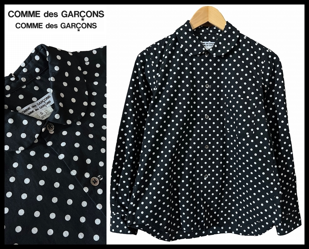 送無 美品 COMME des GARCONS コムコム コムデギャルソン 15AW AD2015 総柄 水玉 ドット 長袖 丸襟 コットン シャツ ブラウス RP-B017 黒 Sの画像1