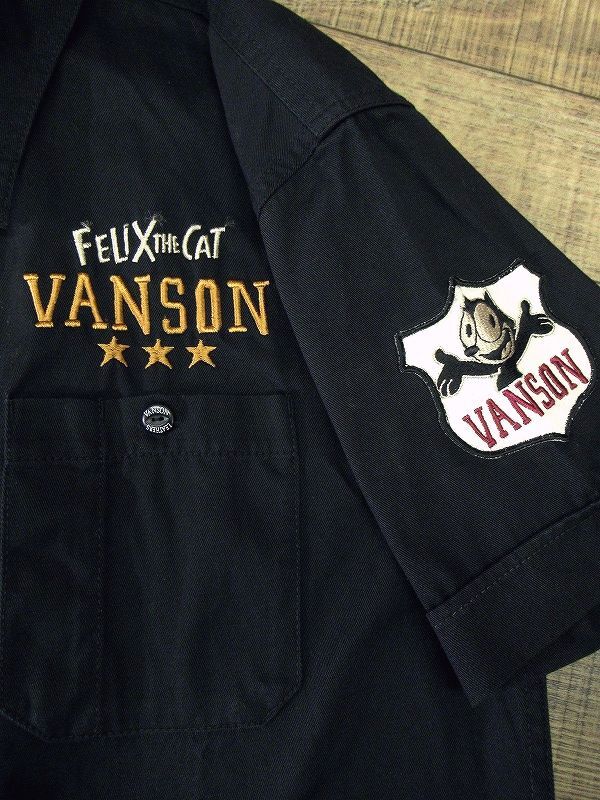 送無 美品 VANSON バンソン × FELIX THE CAT フェリックス コラボ ワッペン 刺繍 装飾 半袖 コットン ワーク シャツ バイカー バイク 黒 L_画像4