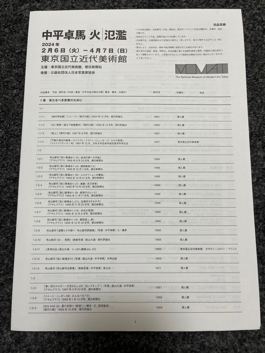 【チラシ5部】中平卓馬　火―氾濫　東京国立近代美術館　美術館の春まつり　展覧会