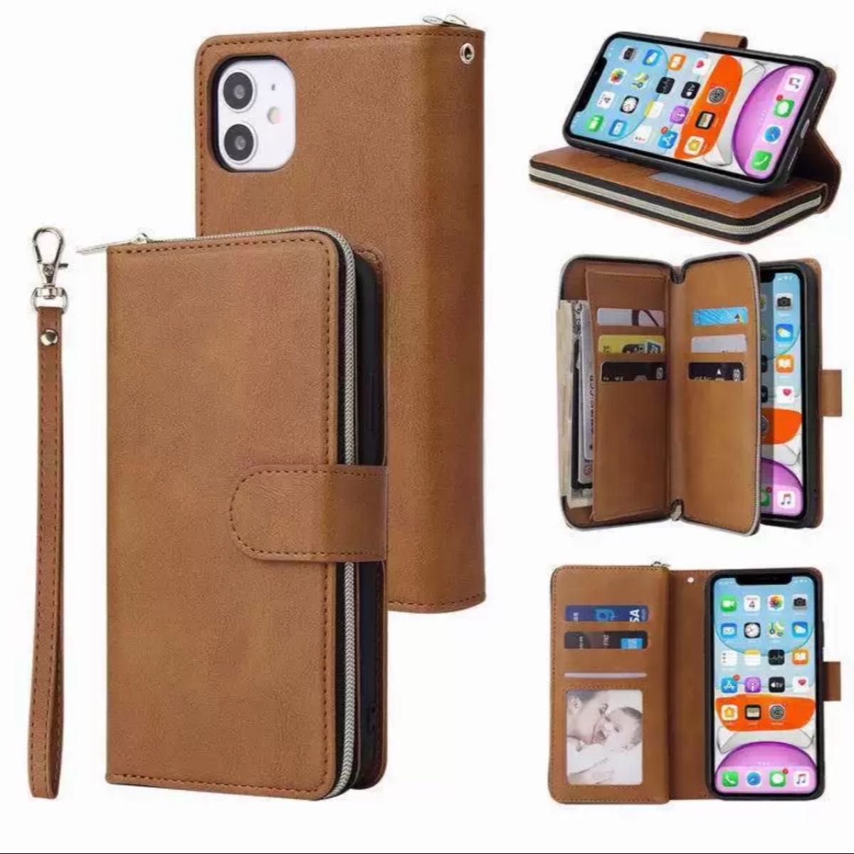 ● iPhone 14 Pro スマホケース 茶 手帳型 お財布 カード収納
