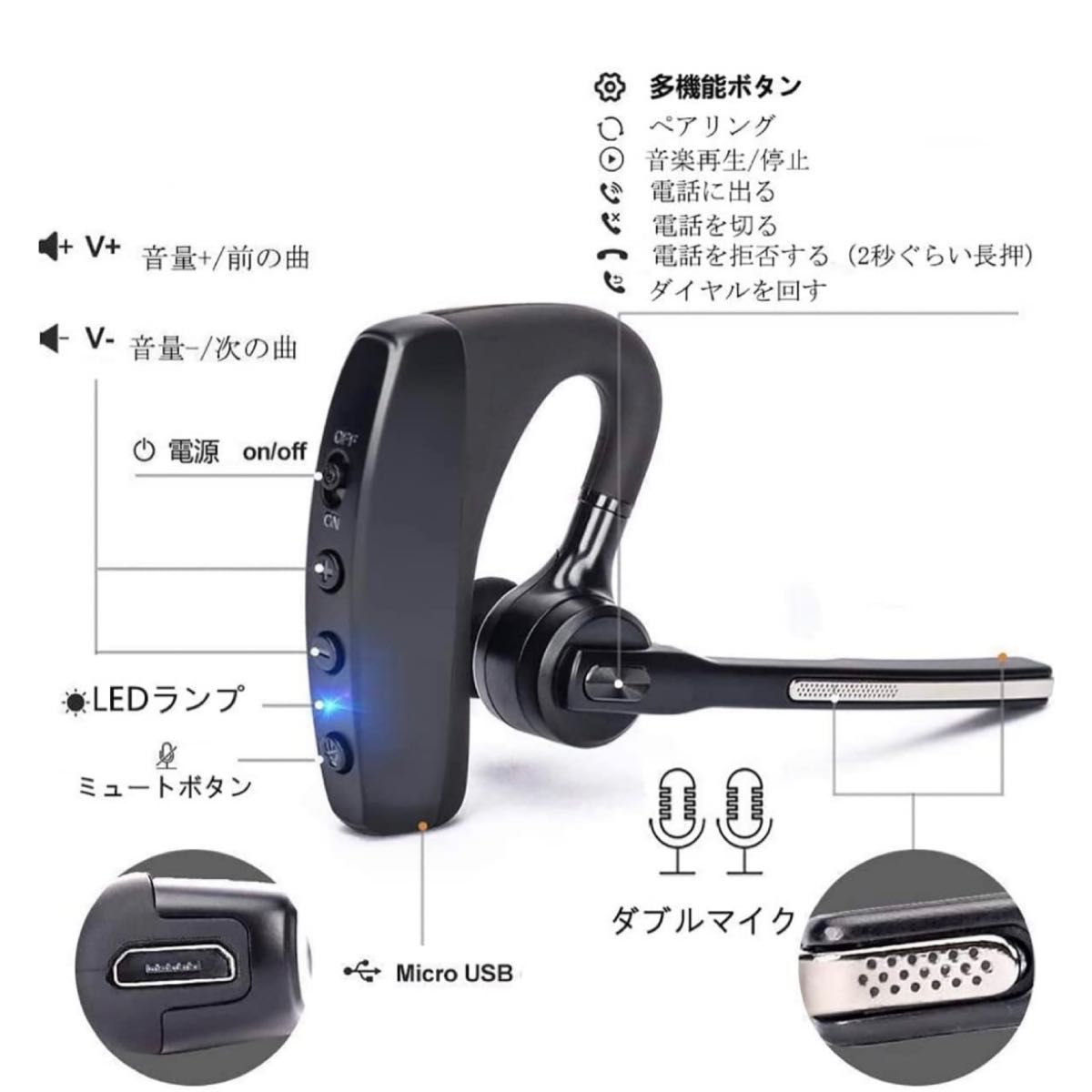 ラスト1点！　Bluetooth ヘッドセット5.0 片耳 CSR ワイヤレス イヤホン 片耳