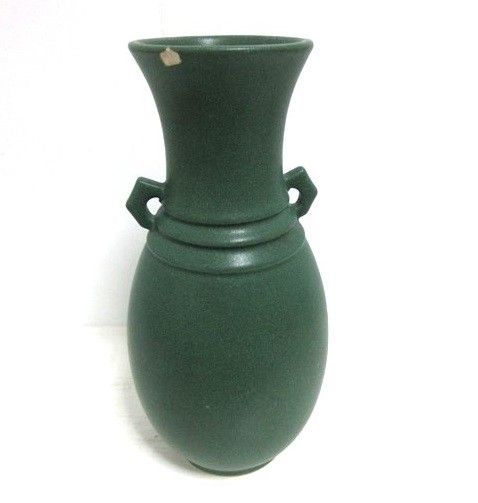 【花瓶／花器⑩】陶器製フラワーベース　緑／グリーン　取っ手付き壺型