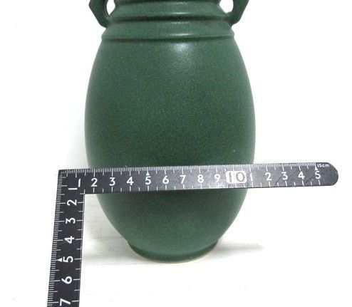 【花瓶／花器⑩】陶器製フラワーベース　緑／グリーン　取っ手付き壺型