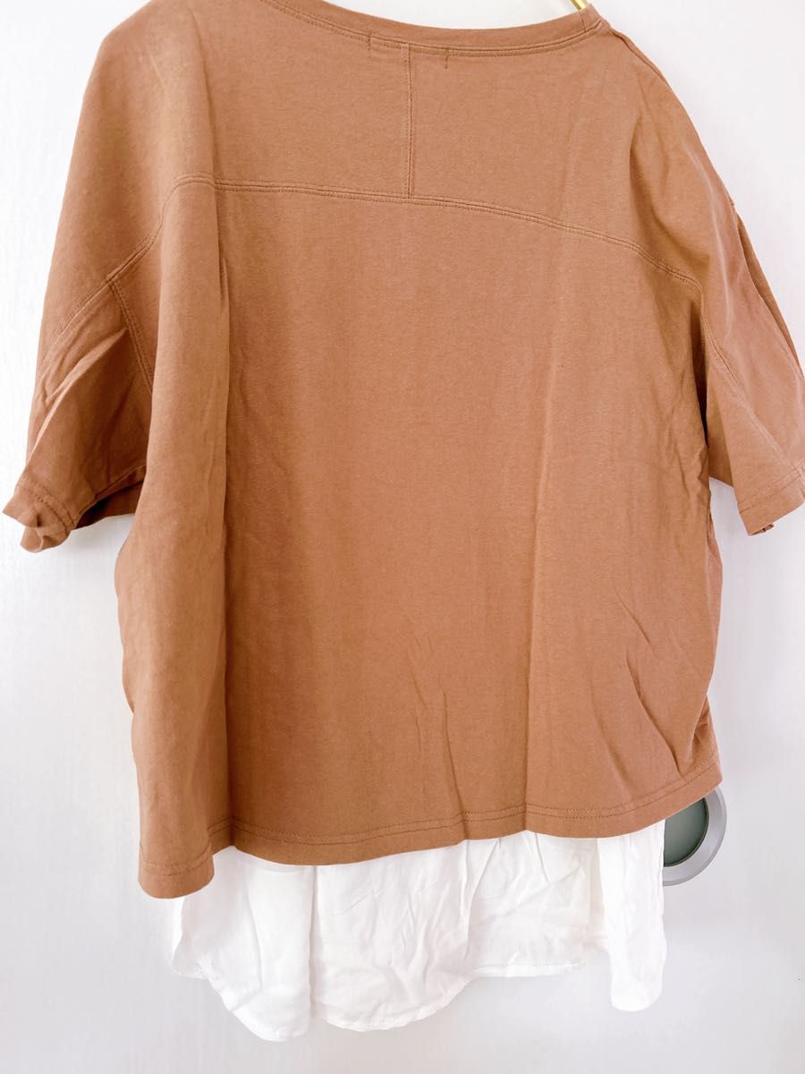 【OZOC】ドロップショルダーレイヤード半袖Tシャツ キャメル　M size
