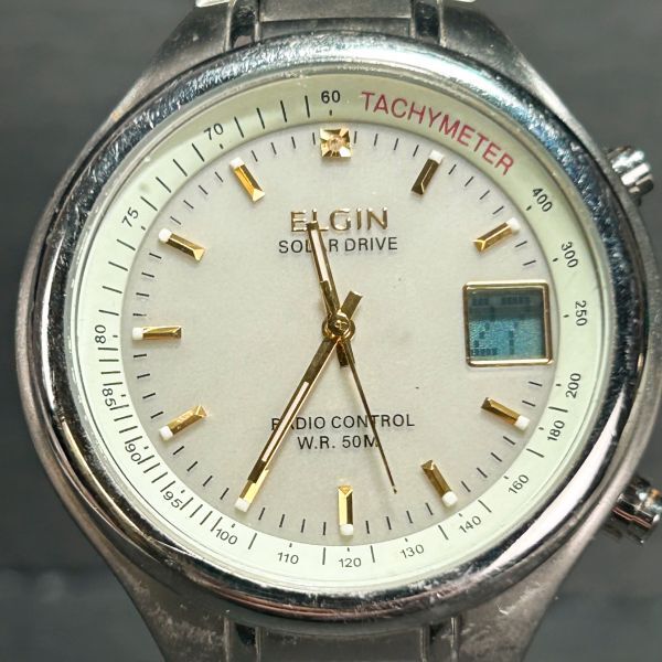 ELGIN エルジン FK-1358-AP 腕時計 電波ソーラー アナデジ ステンレススチール グレー×ゴールド文字盤 メンズ ラウンド タキメーターの画像3