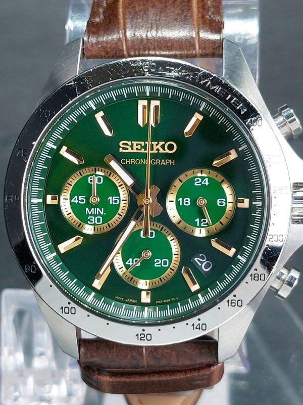 超美品 SEIKO セイコー SPIRIT スピリット 5T63-00D0 アナログ クォーツ 腕時計 グリーン文字盤 クロノグラフ レザーベルト 電池交換済み_画像1