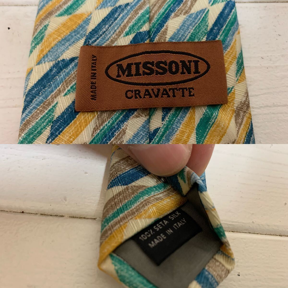 MISSONI VINTAGE ミッソーニ ヴィンテージ MADE IN ITALY イタリア製 マルチカラー柄 シルクネクタイ グリーンブルーイエロー系 アーカイブ_画像4