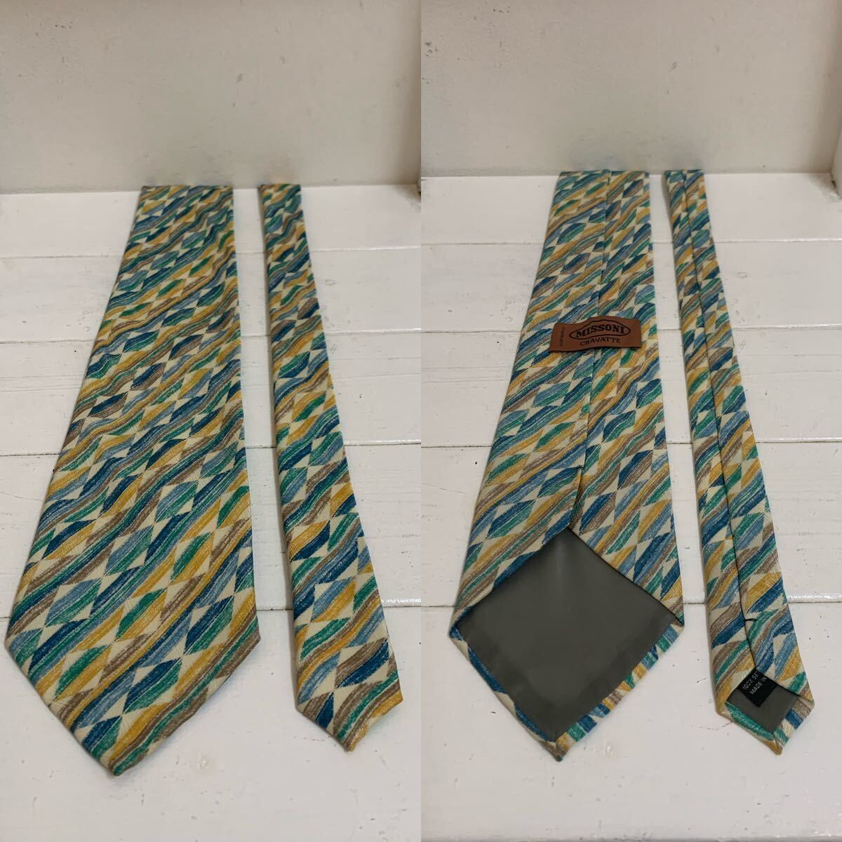 MISSONI VINTAGE ミッソーニ ヴィンテージ MADE IN ITALY イタリア製 マルチカラー柄 シルクネクタイ グリーンブルーイエロー系 アーカイブ_画像2