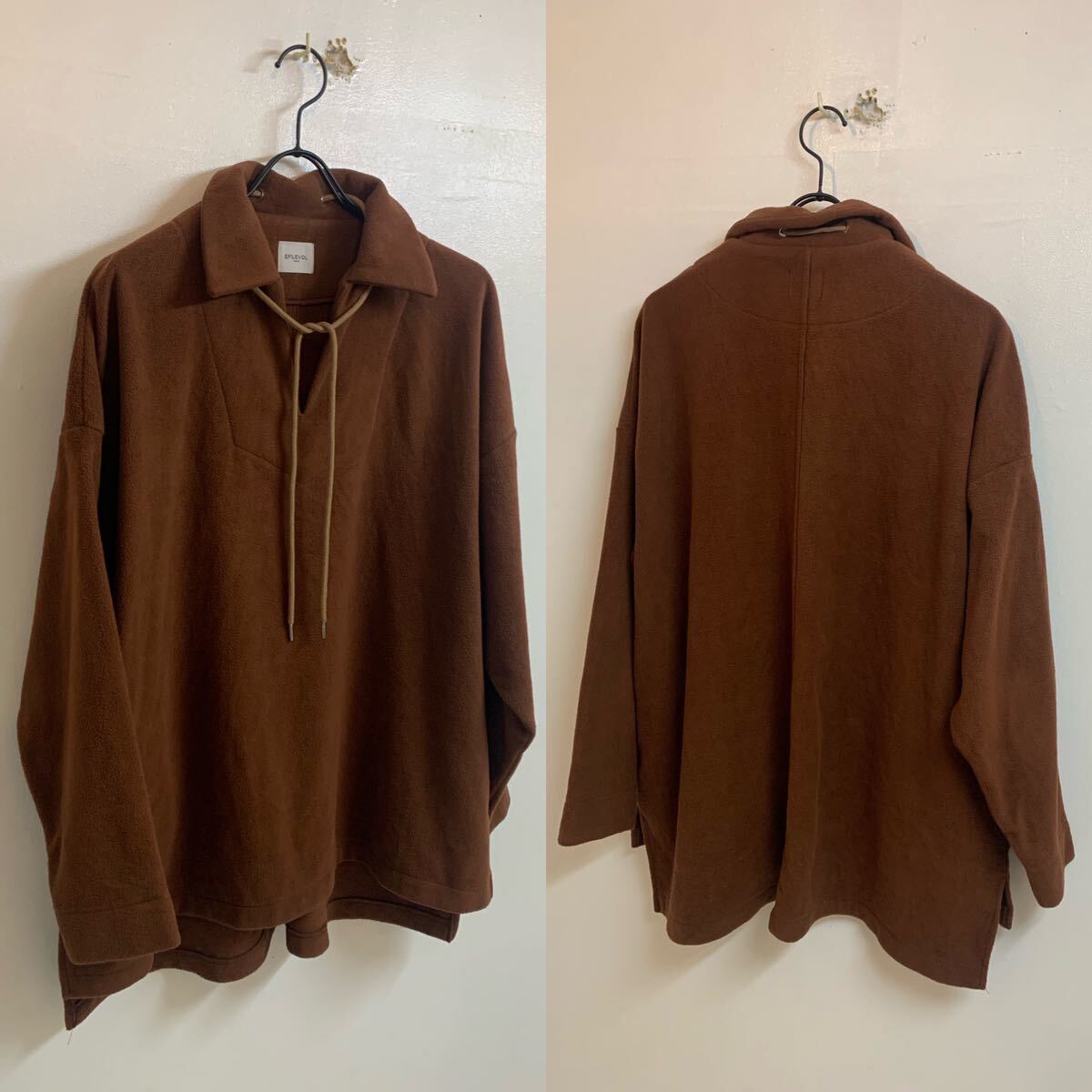 EFILEVOL エフィレボル Fleece Skipper Shirt フリース スキッパーシャツ フリーストップス ドローコードデザイン ブラウン アーカイブ_画像4