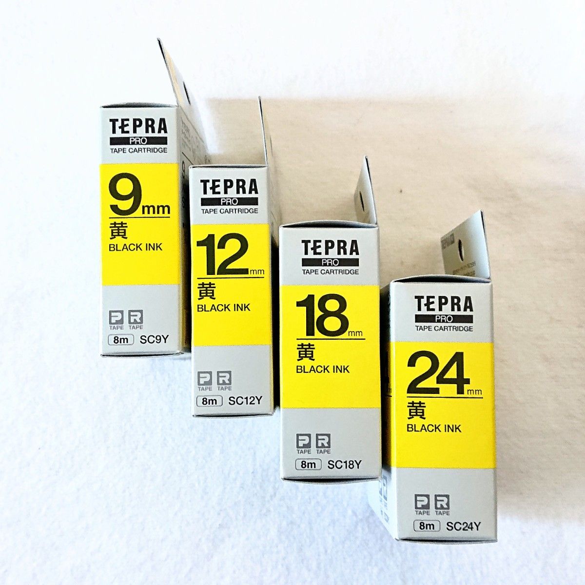 テプラテープ キングジム テプラPRO 純正品 パステル黄の9・12・18・24㎜の4サイズセット【PとRの両機種に対応します】