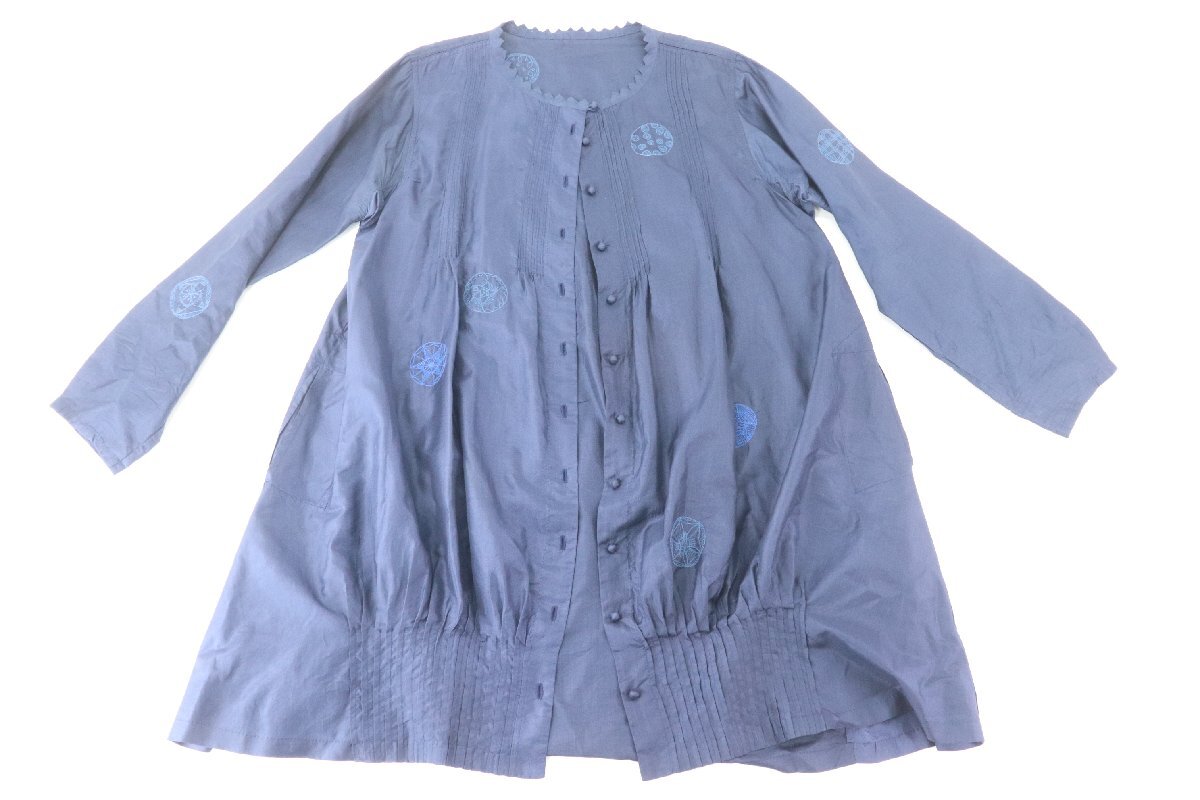 イッセイミヤケ HaaT ハート シャツ ワンピース 長袖 絹100％ 3 ブルー × 刺繍 レディース 4927-NAの画像1