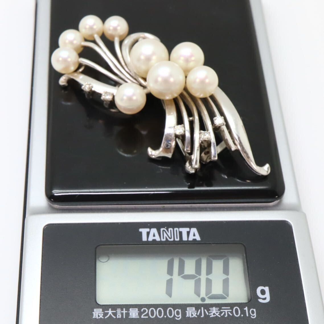 *MIKIMOTO( Mikimoto )K14WG Akoya книга@ жемчуг / натуральный бриллиант брошь *m примерно 14.0g pearl жемчуг accessory broach jewelry obidome EG2/EG4