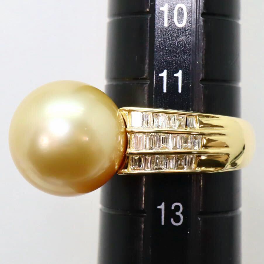 大珠!!＊K18南洋ゴールデンパール/天然ダイヤモンドリング＊m 約9.9g 約12.0号 0.54ct 12.5mm珠 pearl diamond ring 指輪 EH3/EH3_画像9